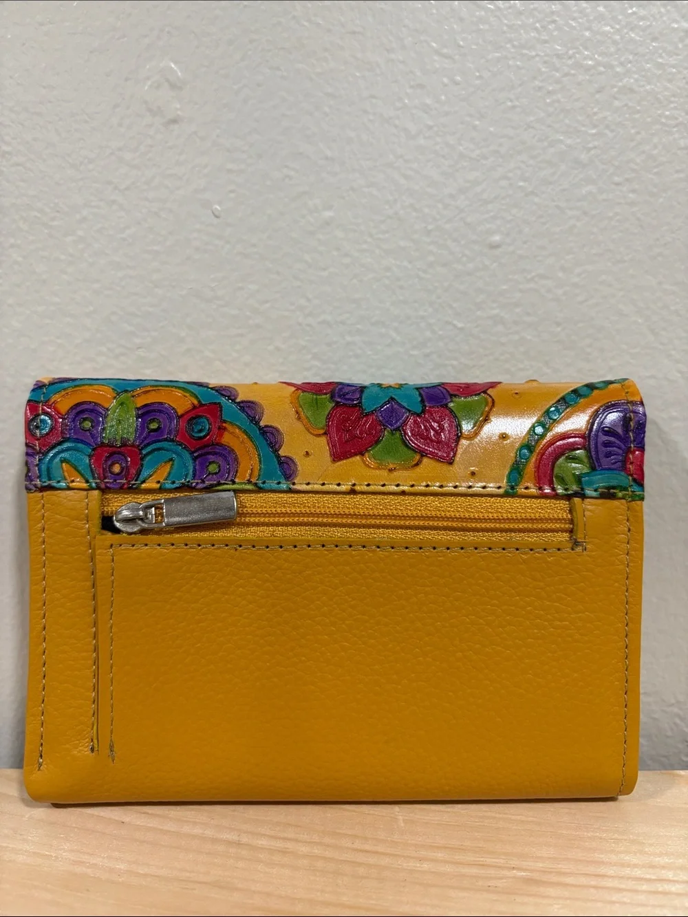 Yellow Floral Embossed Leather Wallet - Hand-Painted Design